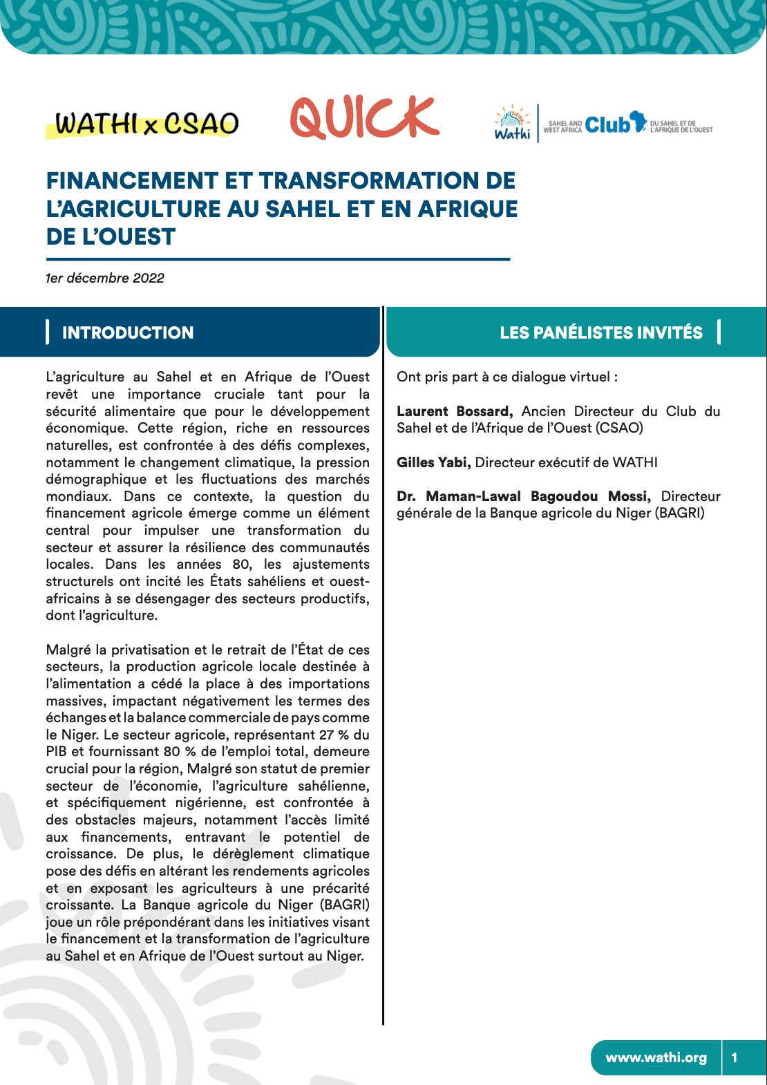 <strong>Financement et transformation de l’agriculture au Sahel et en Afrique de l’Ouest</strong>